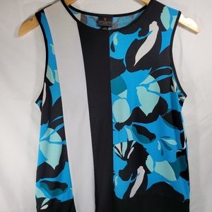 Worthington Women's Petite Small Blue, Green, Black, and White Abstract Blouse